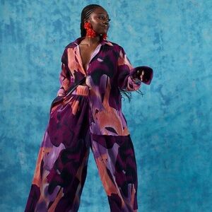 Purple Floral-Print Wide Leg Set